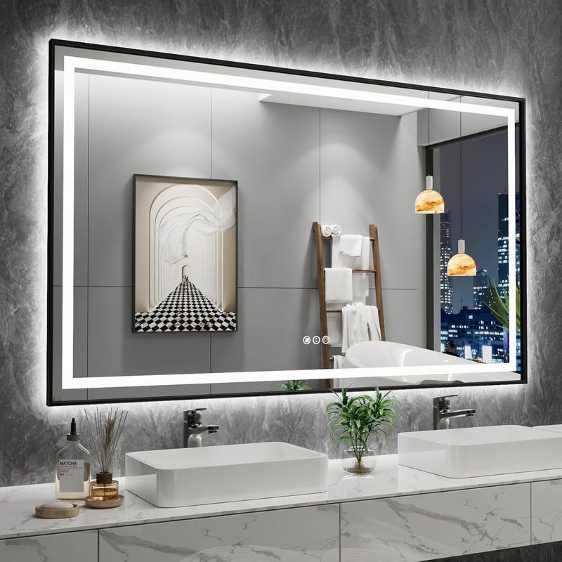 GLITGATE 60"x28" Bathroom Mirror with Lights With Black Framed, Vanity Mirrorr With Front & Back Lights, Stepless Dimmable, Anti-Fog, Shatter-Proof Memory Functin, Double LED Vanity Mirror with Matte and Tempered Glass