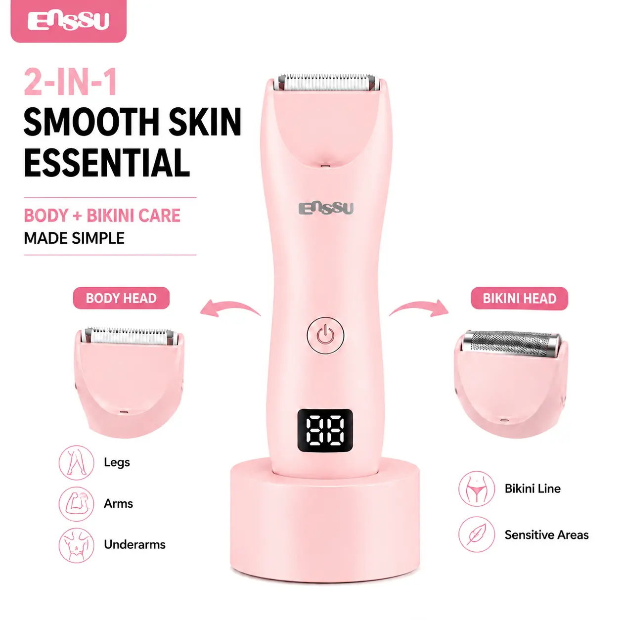 Enssu Women's Electric Bikini Trimmer & Shaver - 2-in-1 Dual Blade Waterproof Pubic Hair Clipper for Sensitive Areas, Legs, Underarms, Face - USB Rechargeable Cordless with LED Light & Travel Lock