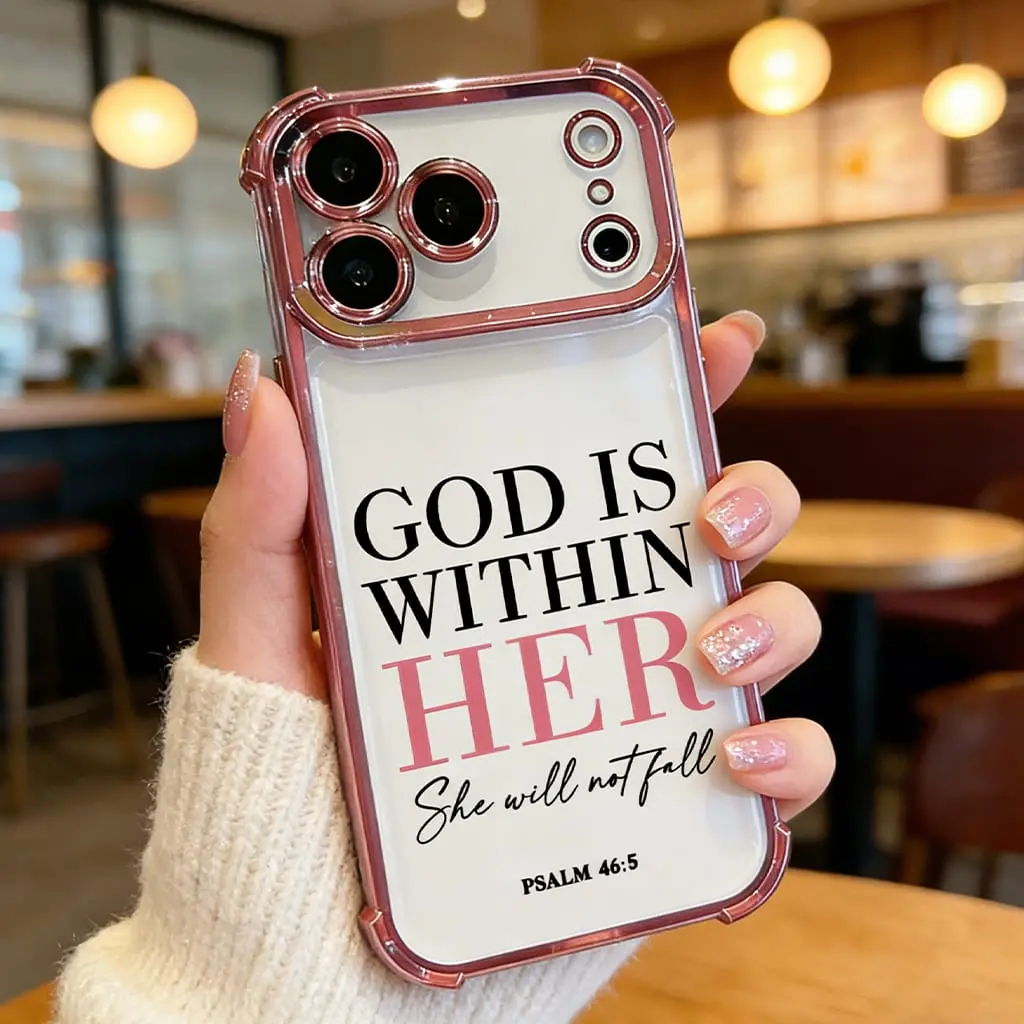 Christian Gift Smartphone Case for iPhone 17,16,15,14,13,12,11 Pro Max Plus Air - Inspirational Bible Verse "God Is Within Her She Will Not Fall" Shockproof Durable TPU Silicone Cover, Cellphone Handheld Devices Accessories, Rustic Gift Idea DDSJ260626004