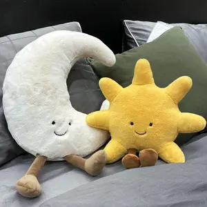 30CM Adorable Smile Face White Moon Yellow Sun Plushie Stuffed Cute Cartoon Weather Plush Toy for Kid Bedroom Decor Sofa Throw Pillow