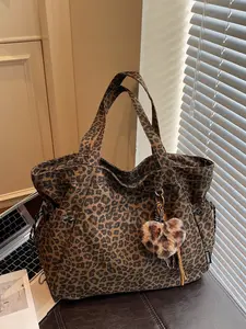 Leopard Print Plush Pendant Bag, Large Capacity Fashion Tote Bag for Work & Daily Use, Versatile Bag, Single Shoulder Crossbody Design, Stylish Bag, High Quality Bag