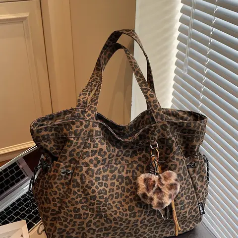 Leopard Print Plush Pendant Bag, Large Capacity Fashion Tote Bag for Work & Daily Use, Versatile Bag, Single Shoulder Crossbody Design, Stylish Bag, High Quality Bag