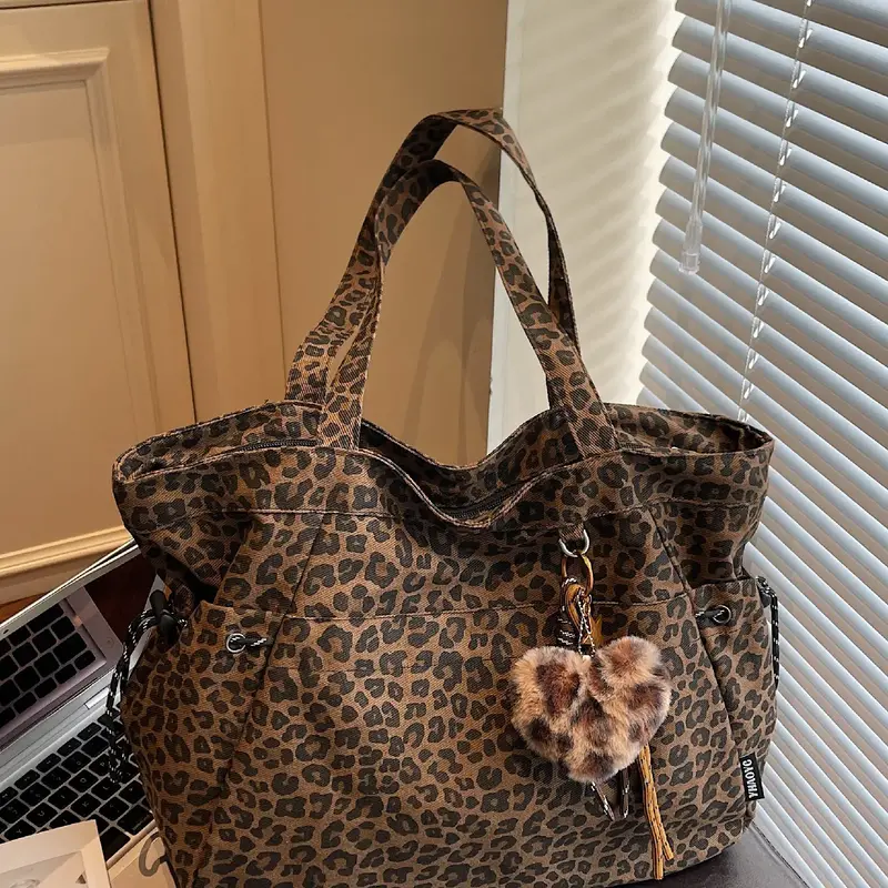 Leopard Print Plush Pendant Bag, Large Capacity Fashion Tote Bag for Work & Daily Use, Versatile Bag, Single Shoulder Crossbody Design, Stylish Bag, High Quality Bag