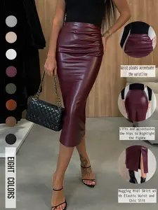 Women's Solid Color PU Leather Skirt, Fashionable Casual Skirt for Daily Outdoor Wear, Ladies Bottoms for All Seasons