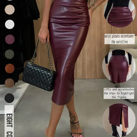 【Black Friday】Women's Solid Color Minimalist High-Waist PU Leather Slit Skirt, Fashionable Casual Skirt for Daily Wear, Ladies Bottoms for All Seasons