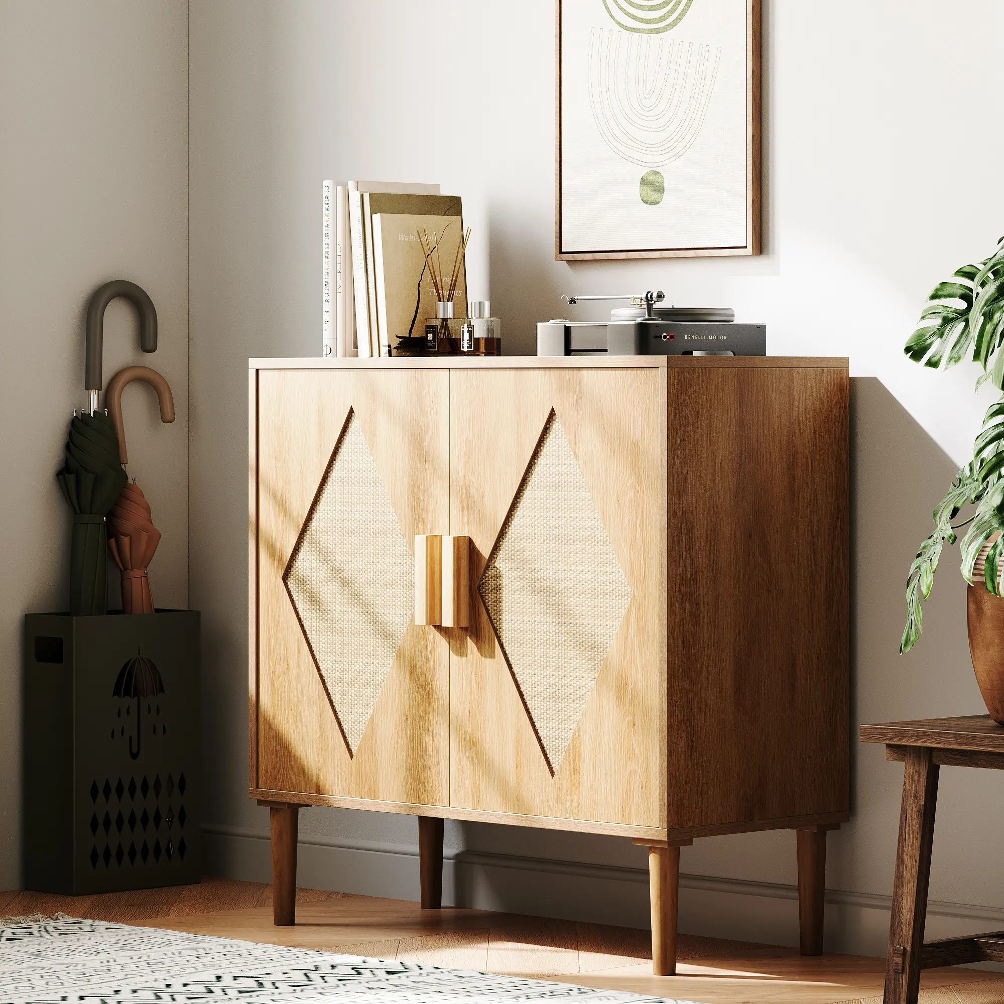 Modern Rattan Double-Door Freestanding Sideboard - Console Storage Cabinet, Cupboard Furniture, Boho Accent Organizer for Dining Room, Living Room, Freestanding Cabinet