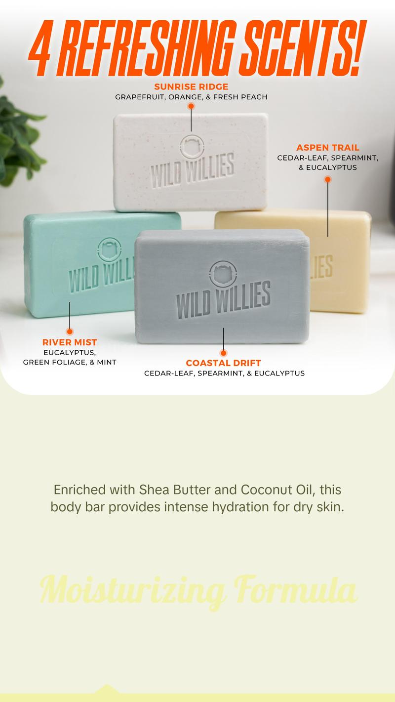 Wild Willies Moisturizing Mens Bar Soap - Bath Soaps with Shea Butter for Odor Protection - Natural Body Bar for Men Body Care Comfort