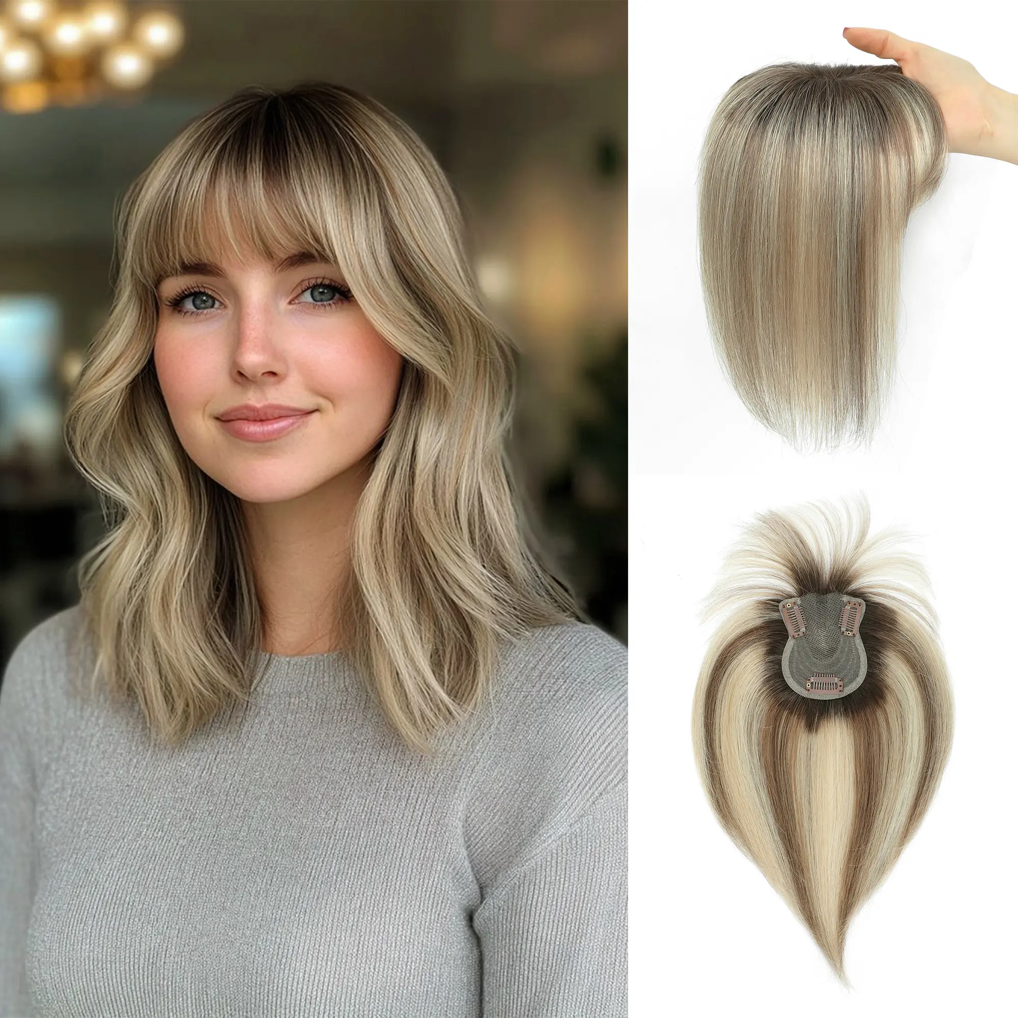 10-Inch Bang-Style Human Hair Topper, Slightly Layered, 3 Secure Clips, Lightweight for Daily Scalp Coverage(Please select color carefully)
