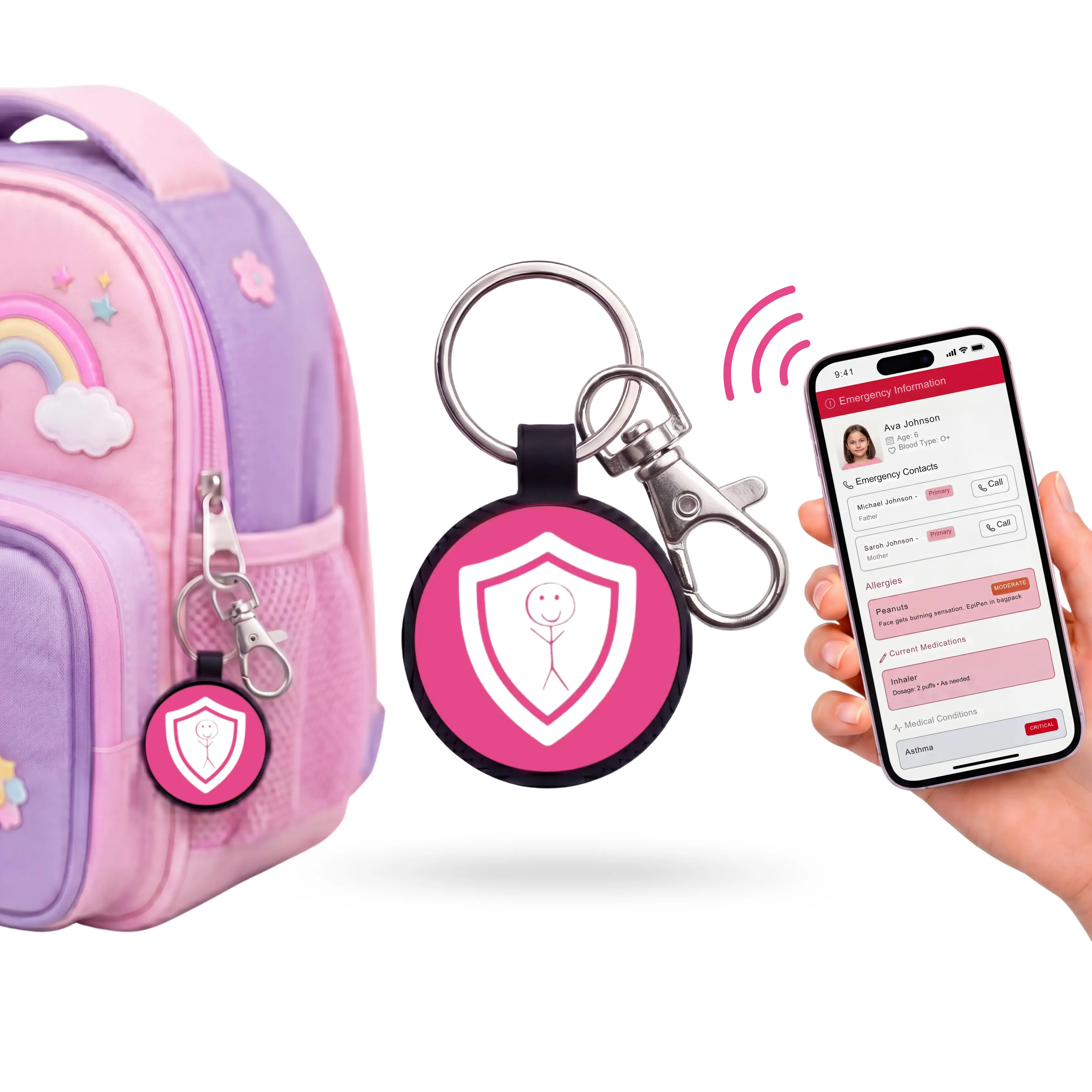 NFC Kids Safety Keychain - Pink, Medical-Grade Silicone, Waterproof, Break-Away Clasp, Adjustable Fit, No App Needed, Offline Use, Ideal for Special Needs