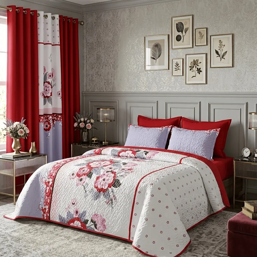 10pcs King Size Reversible Quilt Floral bedding with Matching Curtains And Fitted Sheet, Breathable Soft Bed Summer Lightweight Bedspread Comforter, Quilted Blanket Thin Comforter Bed Cover for All Season Machine Washable Bedroom Set