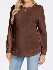 Women's Fall Winter Waffle Knit Long Sleeve Top, Basic Casual Comfort Style, Round Neck, Loose Fit, Perfect for Daily, Everyday and Home Leisure