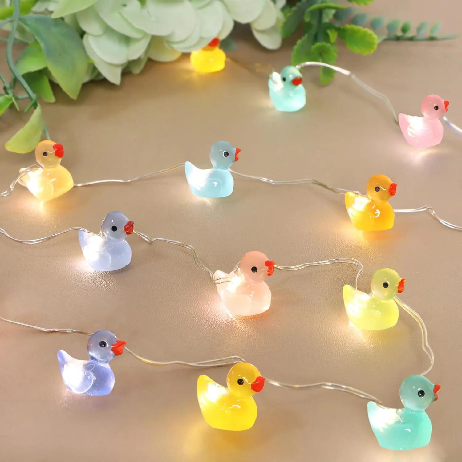 Mini Ducks String Lights - 10ft 40LED, USB Cable/Batteries Powered, Timer Remote, Color Changing Hue, 0.5x0.4in, for DIY Dollhouse Decor, Gardens, Birthday Gift