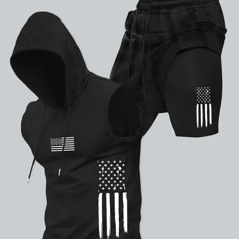 Two-Piece Set, Summer Fitness Outfit, Men's American Flag Print Hooded Tank Top & Shorts Set, Regular-Fit Casual Sleeveless Top & Shorts, Men's Summer Activewear, Sportswear Set Athletic Clothes, Workout Running Outfits, Athletic Sets