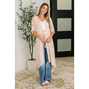 Tropical Print Gauze Kimono with Elastic Waist Tie in Milk Tea