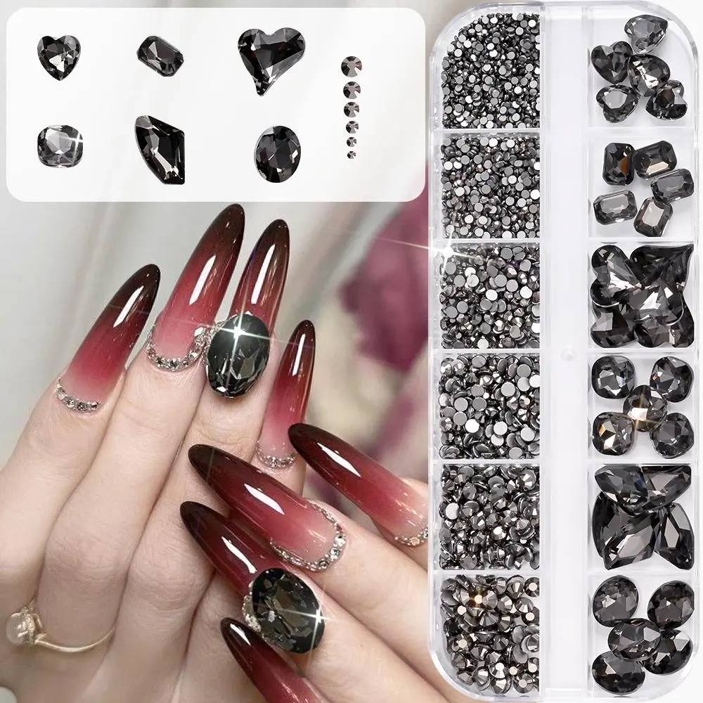 12Grids 3D Black Glass Nail Art Rhinestones Mixed 12-Shapes Glitter Stones Nails Decoracions DIY Crafts Sewing Makeup Accessorie