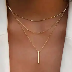 Minimalist 3-Layered Bar Pendant Necklace for Women – Pre-Layered Snake & Cable Chain Choker Set | Elegant Gold & Silver Geometric Bar Necklace for Daily Styling, Parties & V-Neck Outfits,summerwins
