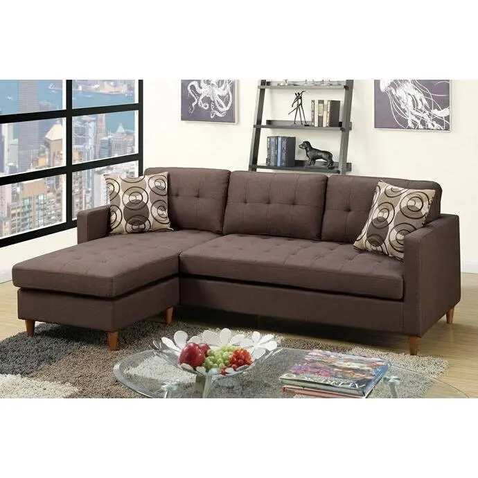 Poundex F7086 Leta Dark Chocolate Polyfiber Fabric 2-Pc Reversible Chaise Sectional Sofa Set - Compact, Stylish Modern Indoor Lounge Furniture for Small Apartments