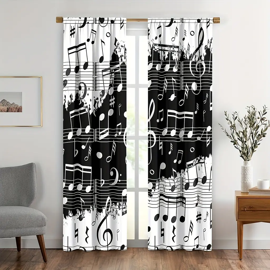 2pcs Black White Music Window Curtains, Abstract Style Professional Pattern Notes And Clef Sheet Play Writing Print, Lightweight Decor Rod Pocket