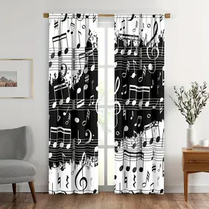 2pcs Black White Music Window Curtains, Abstract Style Professional Pattern Notes And Clef Sheet Play Writing Print, Lightweight Decor Rod Pocket