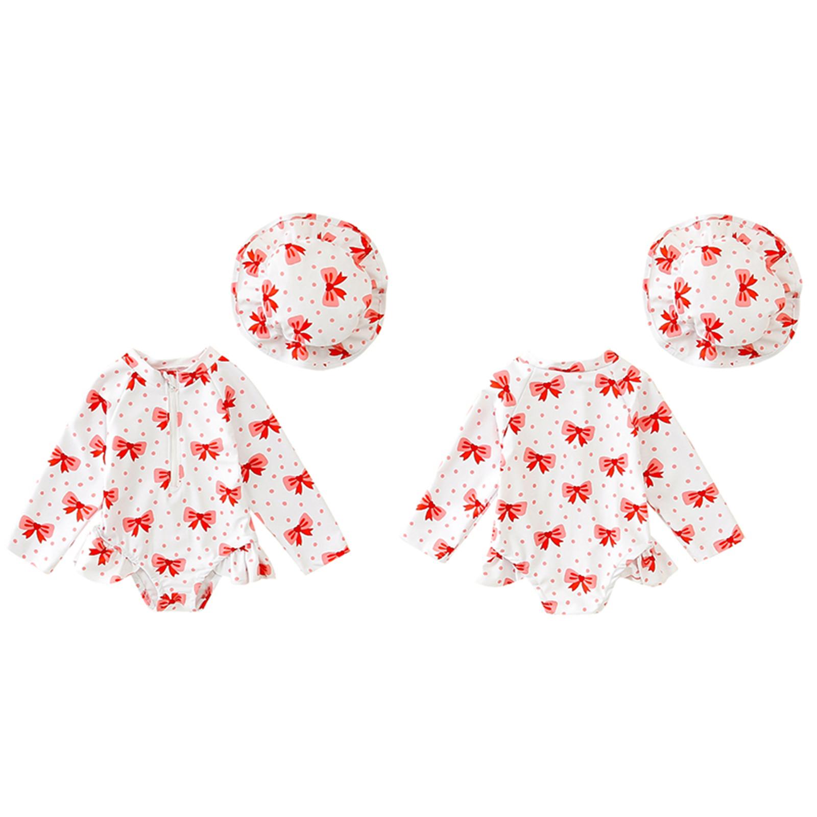 Baby girl cherry blossom two-piece swimsuit set - zipper long sleeved UV protection and sun protection, with ruffled edges and matching sun hat (0-3T)