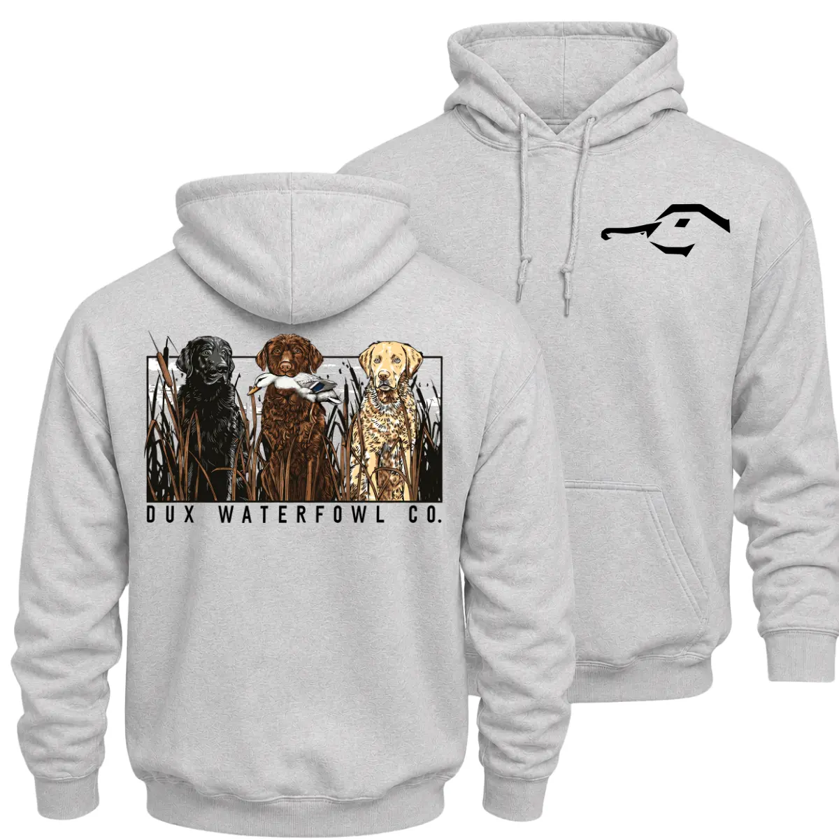DUX Waterfowl Co. Duck Hunting Dog Hoodie, Black Chocolate and Yellow Labrador Retriever Graphic Pullover, Front Chest Logo and Large Back Print Waterfowl Hunter Apparel, Southern Hunting Gift for Men and Women