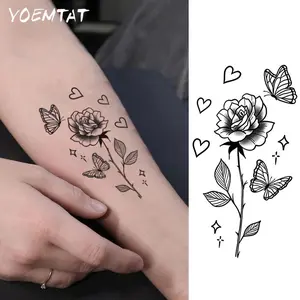 Waterproof Temporary Tattoo Sticker Black Line Rose Thorn Flower Butterfly Star Love Heart Body Art Arm Fake Tattoos Sleeve For Women Men Aldult Hands Shoulders Waist Abdomen Legs Ankles
