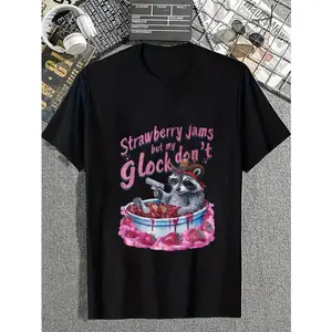 100% Cotton Strawberry Jams But My Dont Funny Raccoon T-Shirt Casual Short Sleeve Shirt