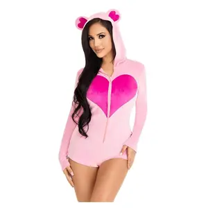 Leg Avenue Sweetheart Bear Velvet Zip Up Romper with Heart Accent