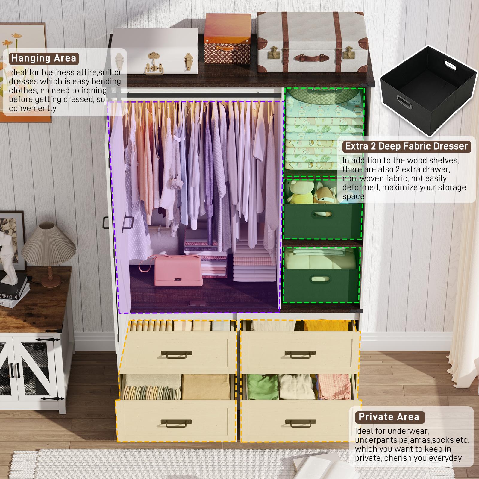 Farmhouse 6 Doors/4 Doors/3 Doors Armoire Wardrobe Closet w/Folding Sliding Barn Door and Lights, LED Armoire Closet w/Drawers for Bedroom, Freestanding Wooden Wardrobe Storage Closets w/Hanging Rod (Antique White/Rustic Brown/Black)