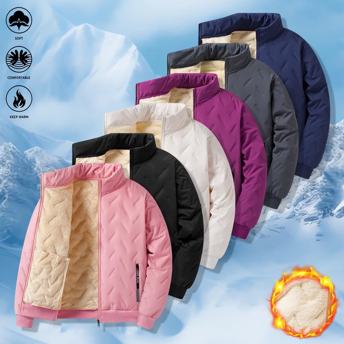 Women’s fleece cotton jacket, solid color, side zipper pockets, winter fleece lining for warmth, suitable for outdoor activities and everyday wear; women’s jacket, women’s cotton coat, women’s outerwear, womenswear