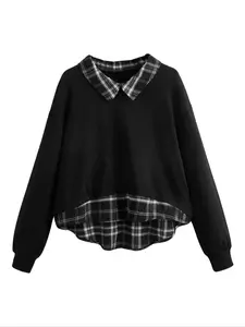 EZwear Women's Fashion Long Sleeve Fitted Sweatshirt with Contrast Plaid Neckline and Hem, Trendy Casual Top for Relaxed Wear