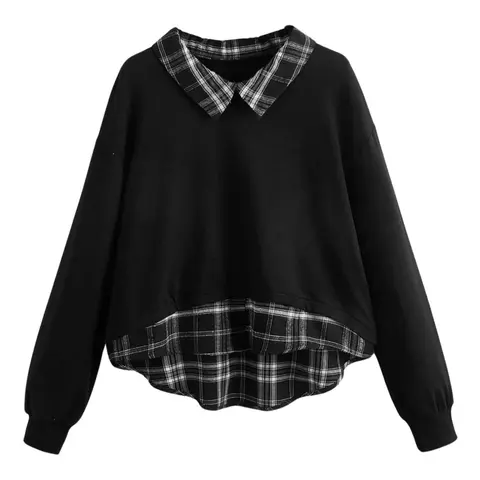 EZwear Women's Long-Sleeve Knit Sweatshirt with Contrasting Plaid Collar and Hem, Casual Top for Fall, Womenswear, Knitwear