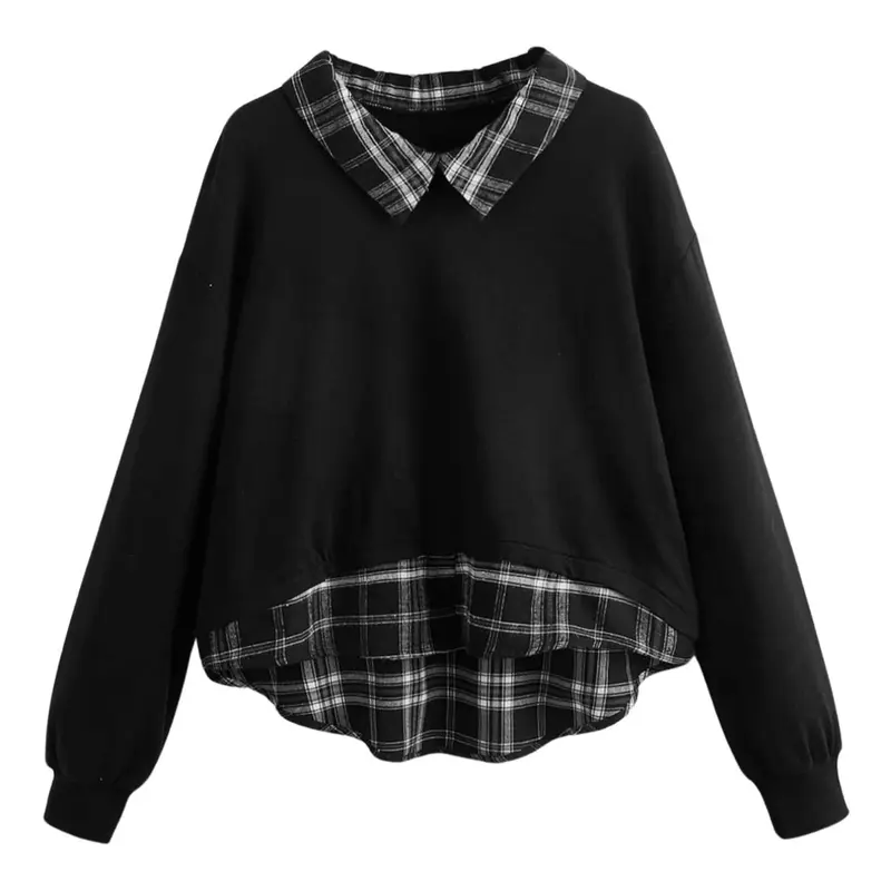 EZwear Women's Long-Sleeve Knit Sweatshirt with Contrasting Plaid Collar and Hem, Casual Top for Fall, Womenswear, Knitwear