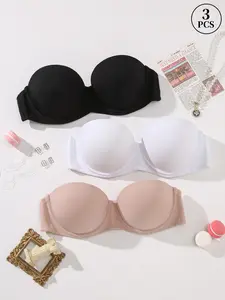 3-Pack Elegant Minimalist Strapless Push-up Backless Bras: Back Beauty Design, Adjustable One-shoulder Back Strap, Multi-way Bandeau, Slim Side Support, Free Clear Straps, For Wedding/Off-shoulder, All-season Wear
