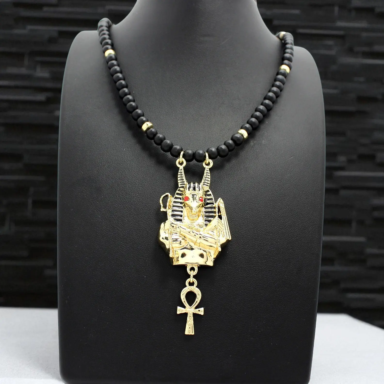 MaxBling81 Unisex Exquisite Trendy Pendant Jewelry Necklace - Metal-Plated Gold Polished Egyptian God Anubis & Ankh Charm, 6mm 30in Wooden Beads Chain (1"x2.75" Charms), Casual Daily Wear Costume Accessory