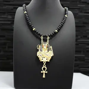 Hip Hop Style Egyptian God ANUBIS & Ankh Cross Pendant & 6mm 30" Wooden Bead Chain Necklace