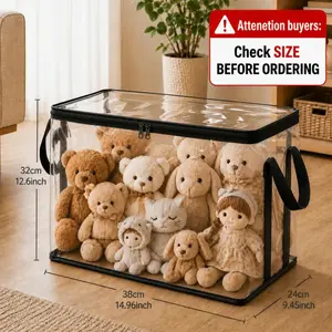 PVC Stuffed Animal Storage Organizer Bag, Doll Storage Container, Dustproof Box with Carrying Handle for Playroom/Living Room, Children’s Birthday, Black