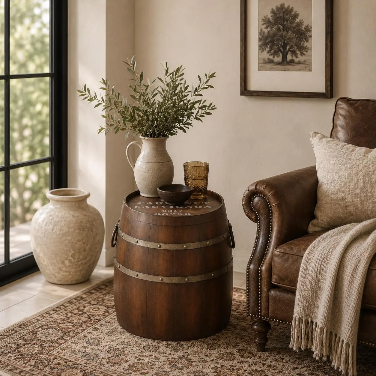 Rustic Brown Metal Frame Side End Table - Wine Barrel Accent Table, 20x20x19in Indoor Furniture for Living Room & Bedroom, 20X20x19"