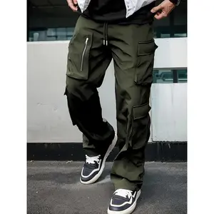 [Casual |   Cargo] Olive Green Polyester Men's Casual Cargo Pants |   Straight Leg, Multiple Pockets, Drawstring Waist, Loose Fit |   for Spring & Fall Outdoor Activities