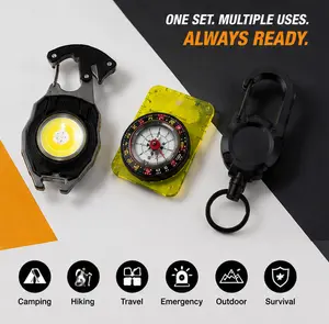 Essential gear for backpacking, including an LED camping light, a mini compass, and an extendable keychain—every hiking enthusiast should have them.