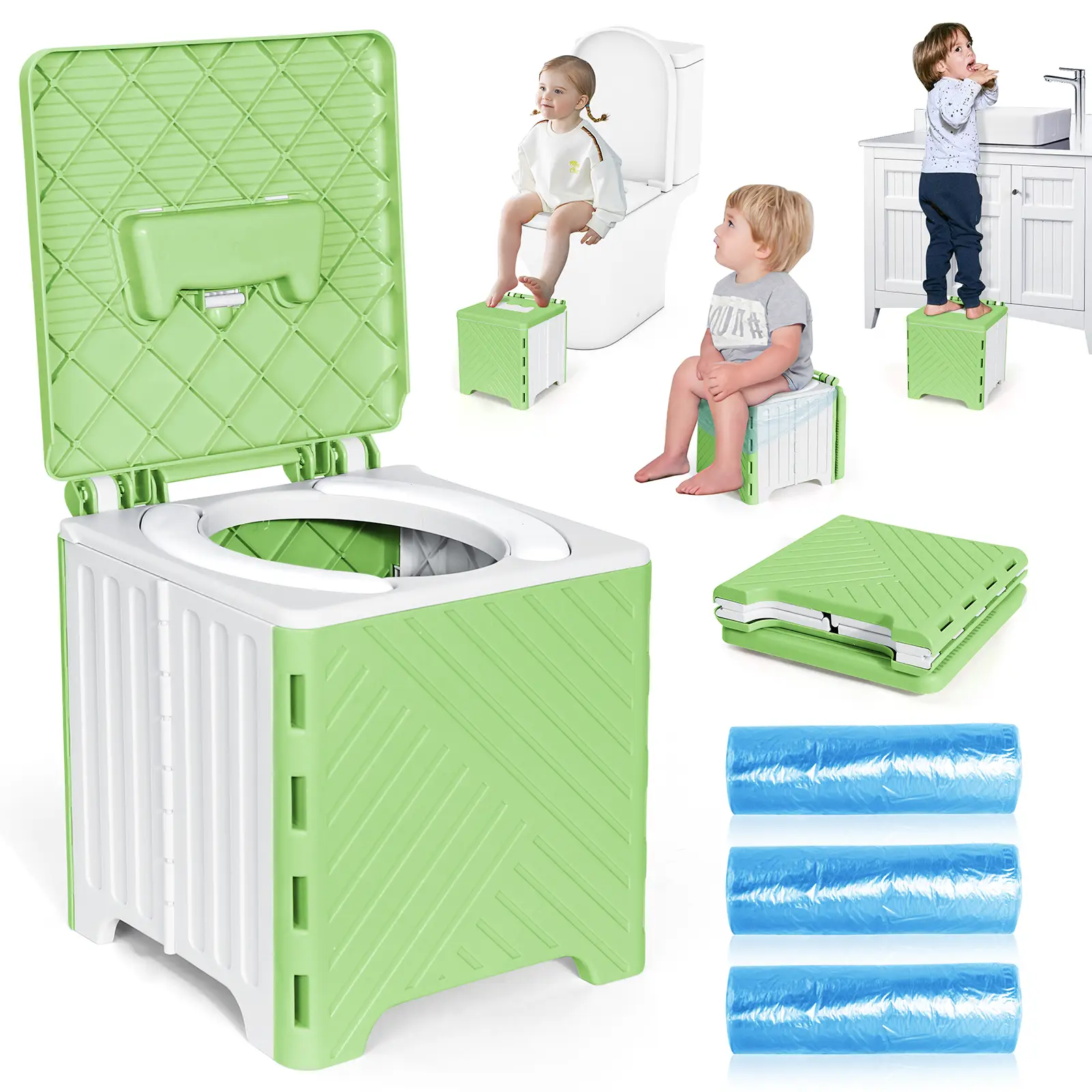Orzbow Portable Potty for Toddler Travel, Foldable Car Potty with Storage Bag for Kids Boys Girls, 3-in-1 Potty Training Toilet, Potty Seat Chair, Ste