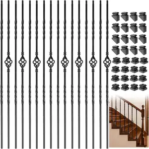 Iron Balusters for Staircase, 16 Pack Wrought Iron Balusters, 1/2" Hollow Stair Spindles Stair Balusters, Metal Balusters Spindles for Decks W/ 32 Pack Baluster Shoes