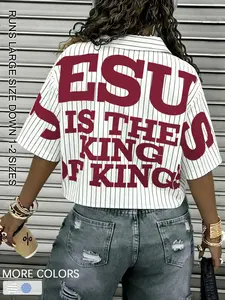 Women's Jesus King Striped Short Sleeve Polo Shirt, Casual Christian Theme Top, Unisex Streetwear, Daily Wear & Church Activities