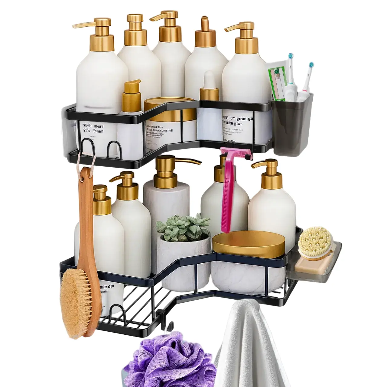 Sben Corner Adhesive Shower Caddy, 8 Pack Organizer Shelves, No Drilling, Rustproof Storage Rack, 12 Hooks, Toothpaste Holder and Soap Dish Holder for Bathroom