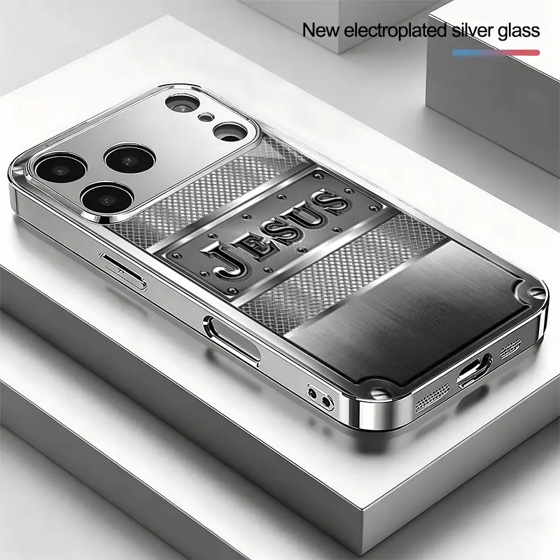 Metal-Finish "JESUS" Pattern Electroplated Glass Phone Case with Camera Lens Protection for iPhone 17/16/15/14/13/12/11; Full Coverage Drop-Proof Tempered Glass Protective Case for Samsung A Series and S Series Users
