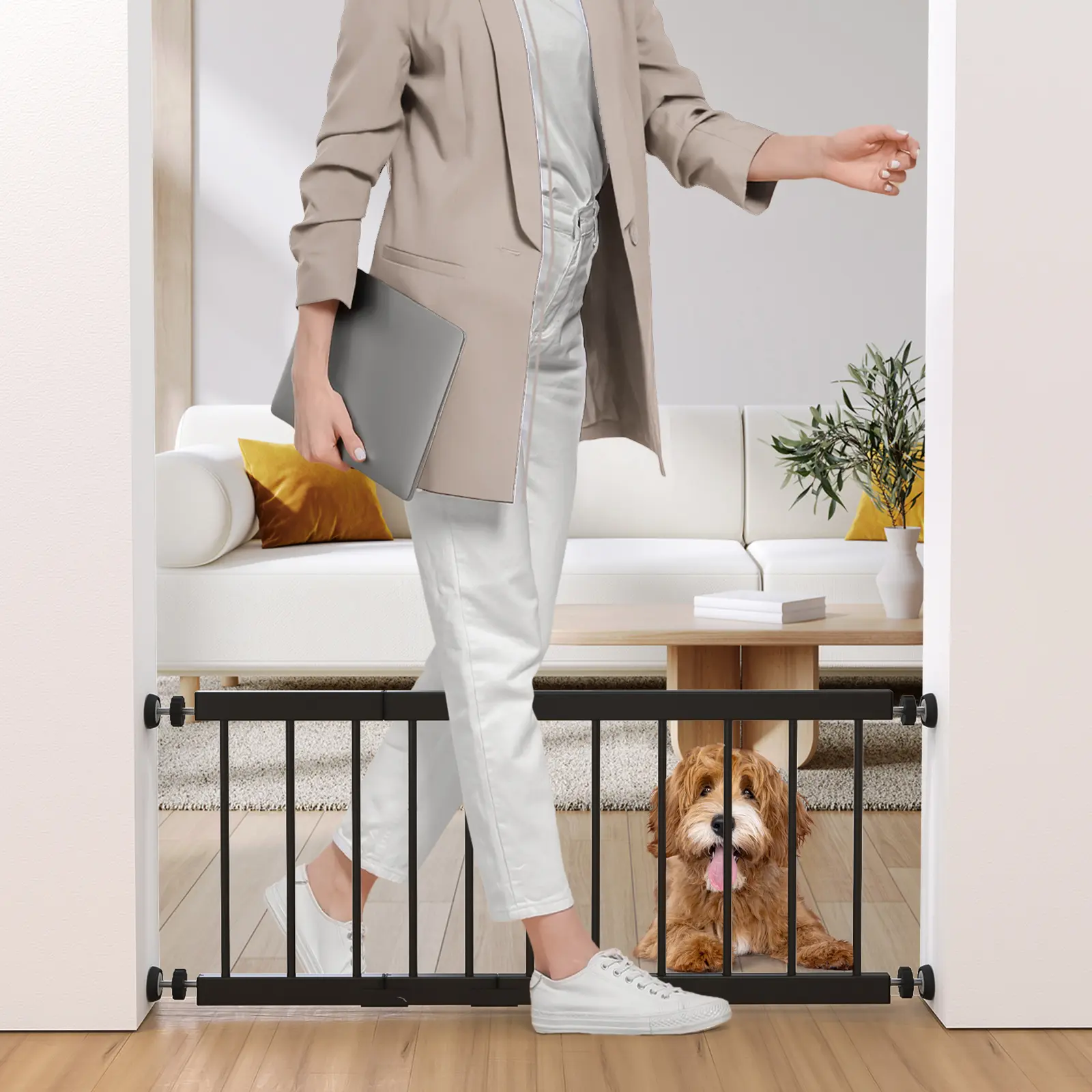 Dog Gate Indoor,18"-45" Adjustable Extra Wide Metal Short Dog Gate to Step Over, 18" Tall Small Pet Gate with 3 Extension Kits, Pressure Mounted Dog Gate for Doorways & Stairs