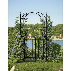 8FT Metal Garden Arbor with Gate, Outdoor Archway Trellis for Climbing Roses, Vines, Backyard, Patio & Wedding Decor, Black