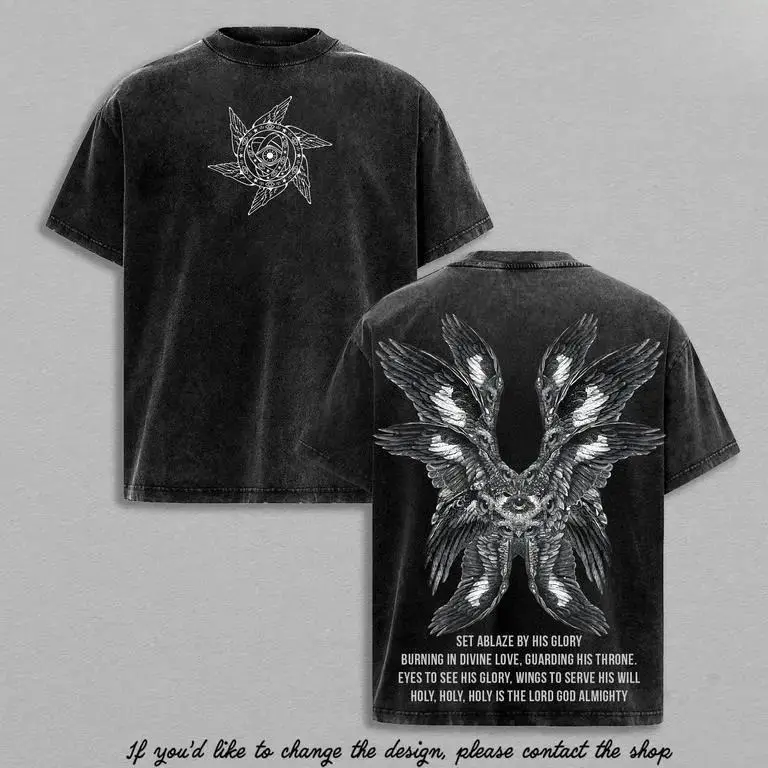 Men's Seraphim Angel Vintage Washed Relaxed Fit Graphic Print Tee - Christian Menswear, Round Neck Shortsleeve Top with Wings of Fire Divine Love Design & Bible Verse, Cold Machine Wash Casual Streetwear