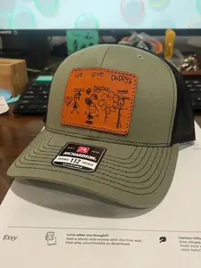 Custom art drawing leather patch hat, Richardson 112 trucker cap, Gift for dad or grandfather, personal thoughtful gift