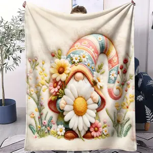 Spring Daisy Pixie Fleece Blanket with 3D Faux Embroidery, Soft Comfortable Warm Throw, Macaron Floral Digital Print Gift Blanket for Garden Lovers